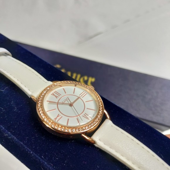 Stauer Swiss Made Watch Jeweled Case White Face Roman Numerals White Strap - Picture 5 of 8